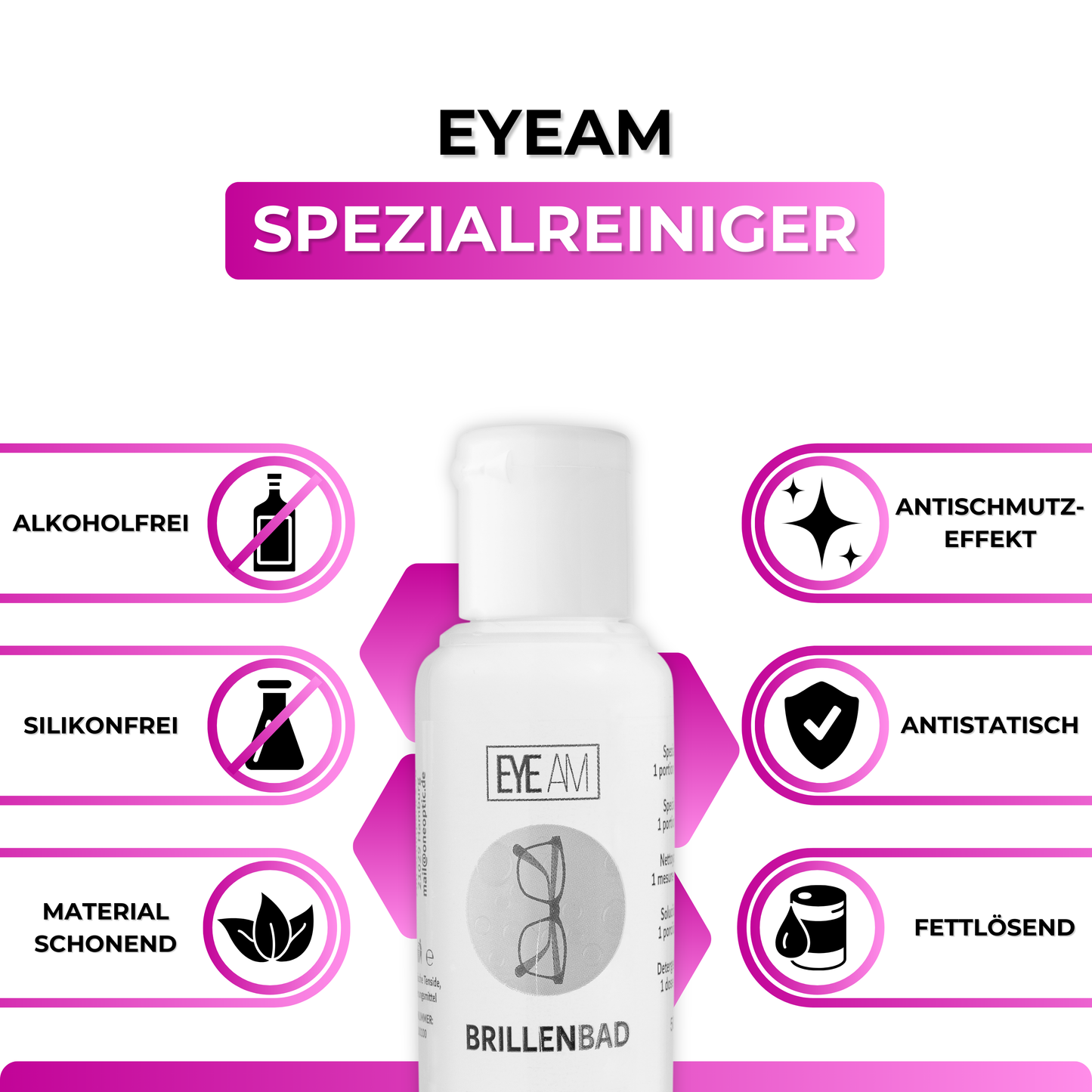 Der EyeAm Spezialreiniger entfernt zuverlässig Fett, Staub und Fingerabdrücke. Antischmutz-Effekt sorgt für langanhaltende Sauberkeit – perfekt abgestimmt auf das EyeAm Brillenbad Set.