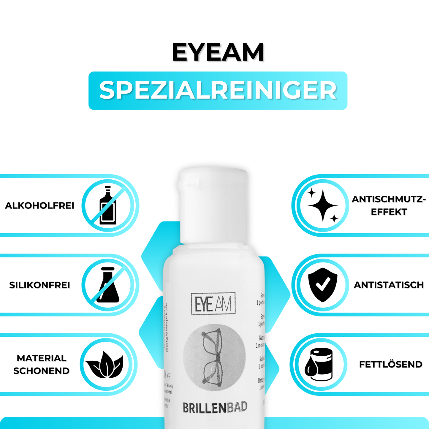 Der EyeAm Spezialreiniger entfernt zuverlässig Fett, Staub und Fingerabdrücke. Antischmutz-Effekt sorgt für langanhaltende Sauberkeit – perfekt abgestimmt auf das EyeAm Brillenbad Set.