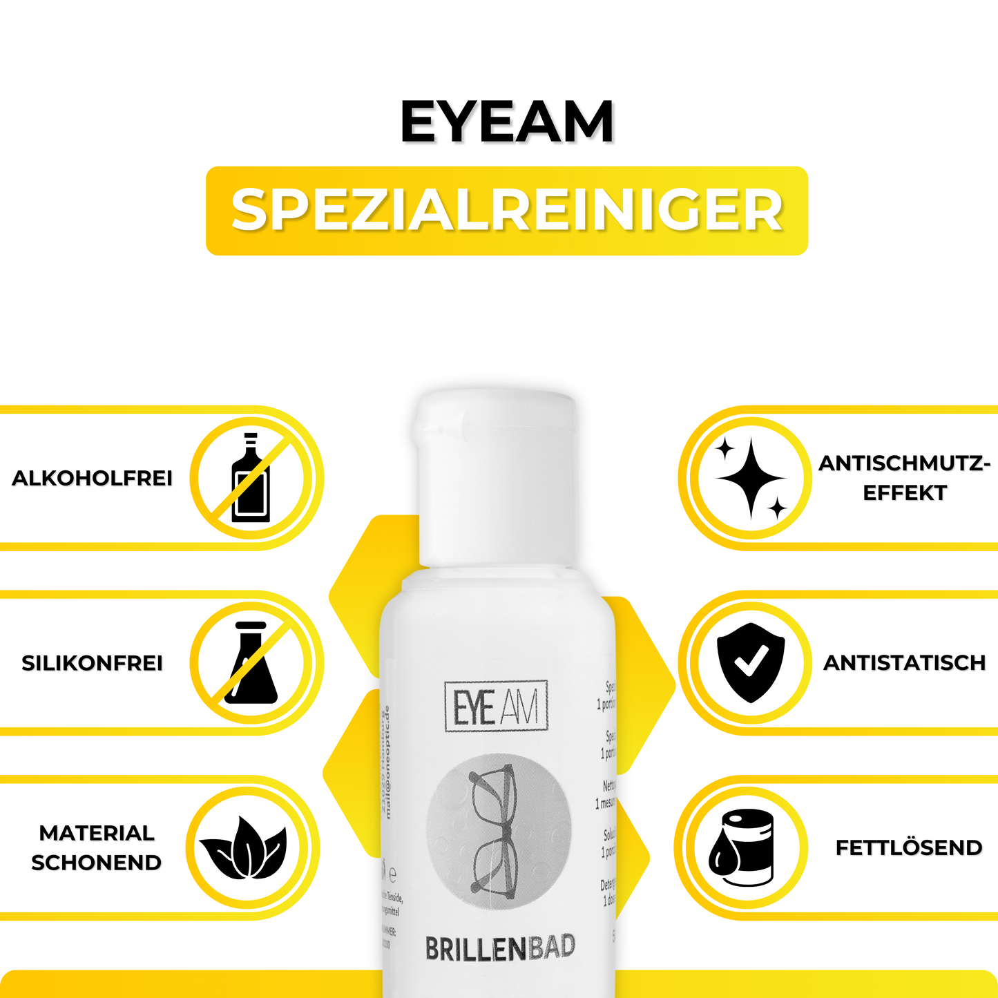 Der EyeAm Spezialreiniger entfernt zuverlässig Fett, Staub und Fingerabdrücke. Antischmutz-Effekt sorgt für langanhaltende Sauberkeit – perfekt abgestimmt auf das EyeAm Brillenbad Set.