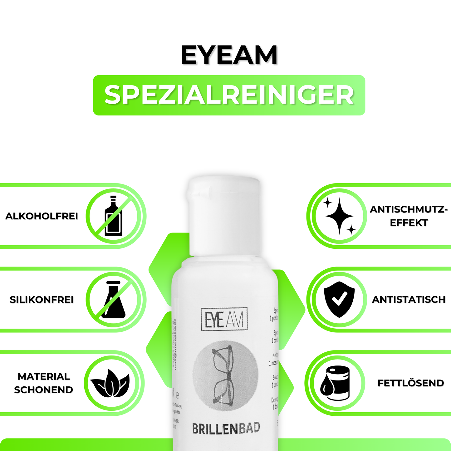Der EyeAm Spezialreiniger entfernt zuverlässig Fett, Staub und Fingerabdrücke. Antischmutz-Effekt sorgt für langanhaltende Sauberkeit – perfekt abgestimmt auf das EyeAm Brillenbad Set.