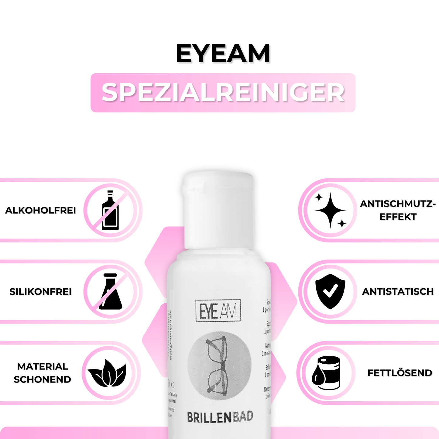 Der EyeAm Spezialreiniger entfernt zuverlässig Fett, Staub und Fingerabdrücke. Antischmutz-Effekt sorgt für langanhaltende Sauberkeit – perfekt abgestimmt auf das EyeAm Brillenbad Set.