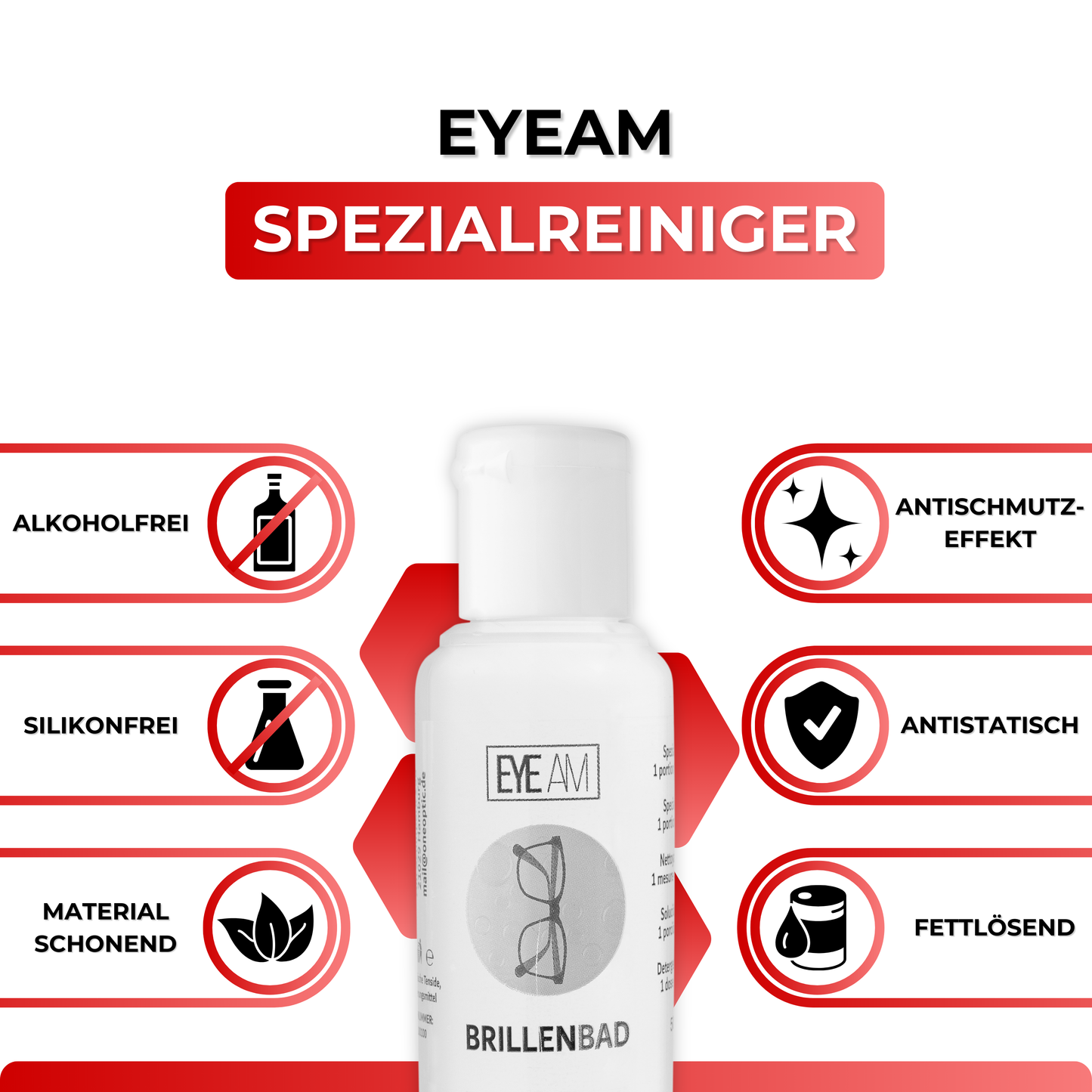 Der EyeAm Spezialreiniger entfernt zuverlässig Fett, Staub und Fingerabdrücke. Antischmutz-Effekt sorgt für langanhaltende Sauberkeit – perfekt abgestimmt auf das EyeAm Brillenbad Set.