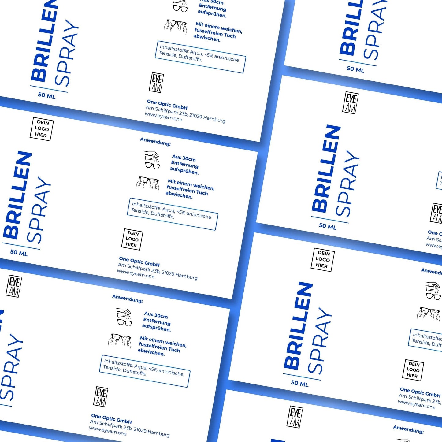 Verleihen Sie jedem EyeAm Brillenspray 50ml Ihre persönliche Handschrift. Individuelles Branding mit Logo und Firmenadresse für professionelles Marketing und starke Kundenbindung.