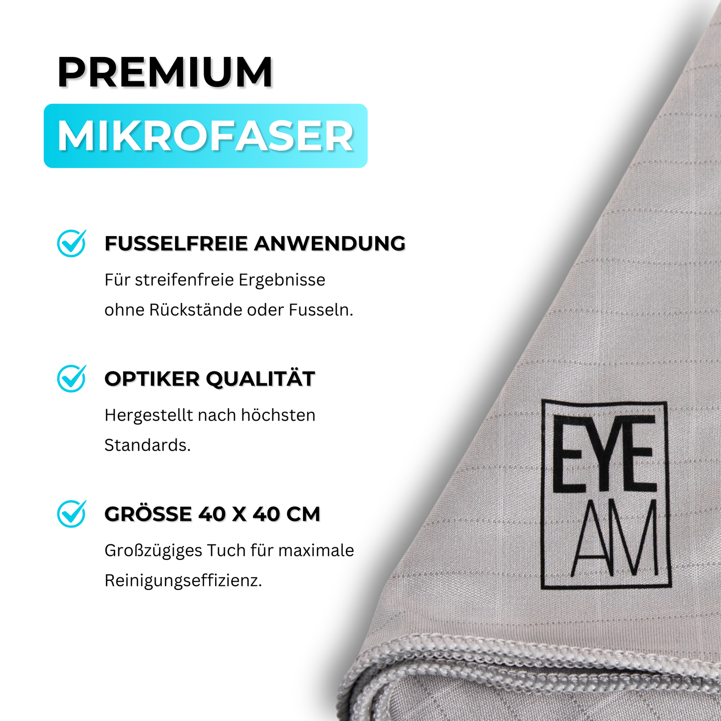 Das EyeAm Mikrofasertuch (40 x 40 cm) aus ultrafeinen Spezialfasern sorgt für streifenfreie Reinigung. Ideal für Brillengläser und empfindliche Oberflächen – wiederverwendbar und besonders schonend.