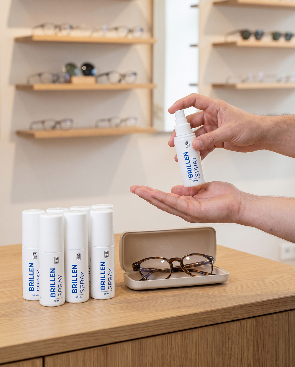 Brillenreiniger 50 ml 10er-Set auf dem Optiker-Tresen