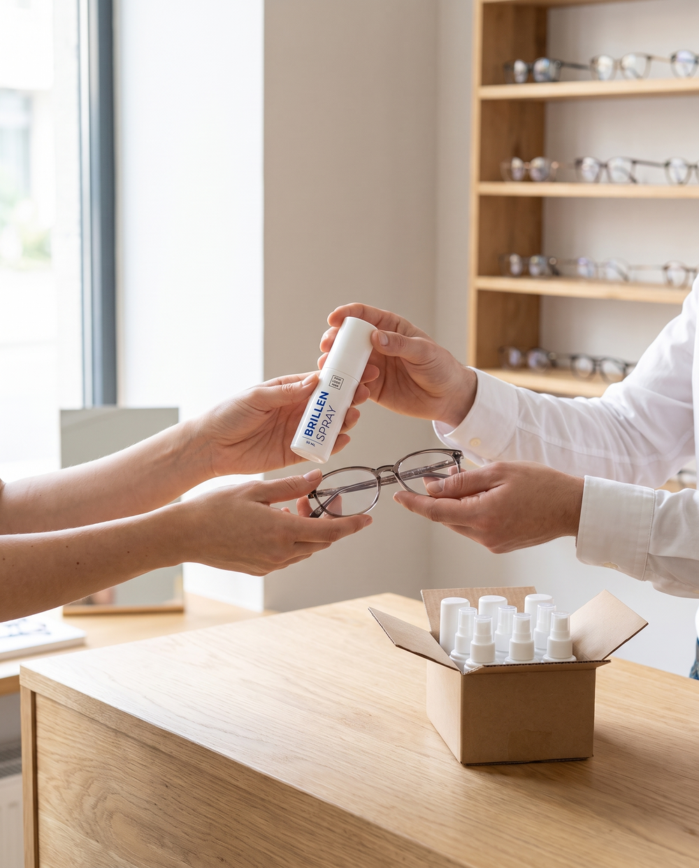 Brillenreiniger 50 ml mit eigenem Logo an Kunden übergeben