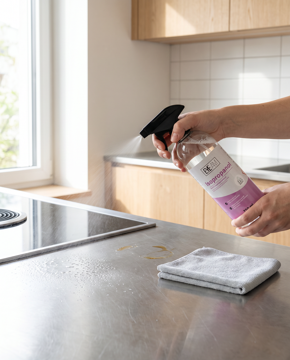 Isopropanol Sprühflasche in der Küche auf Edelstahl anwenden
