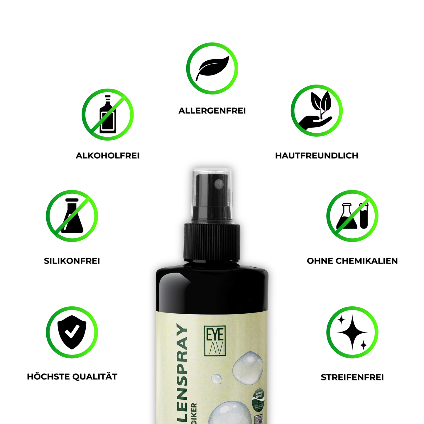  Icons zeigen: Allergikerfreundlich, silikonfrei, alkoholfrei, streifenfreie Reinigung, antistatisch, nachhaltig – von EyeAm.