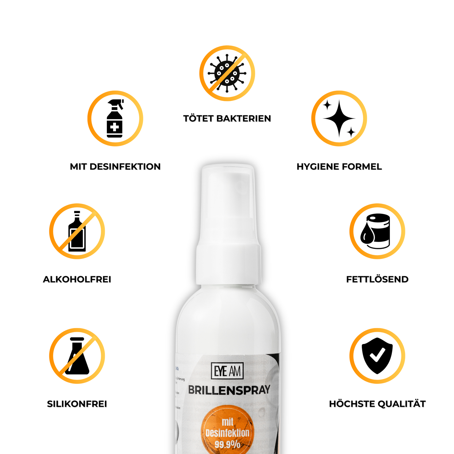 Vorteile des EyeAm Brillensprays: desinfizierend, klarer Blick, schonend, antistatisch, hygienisch