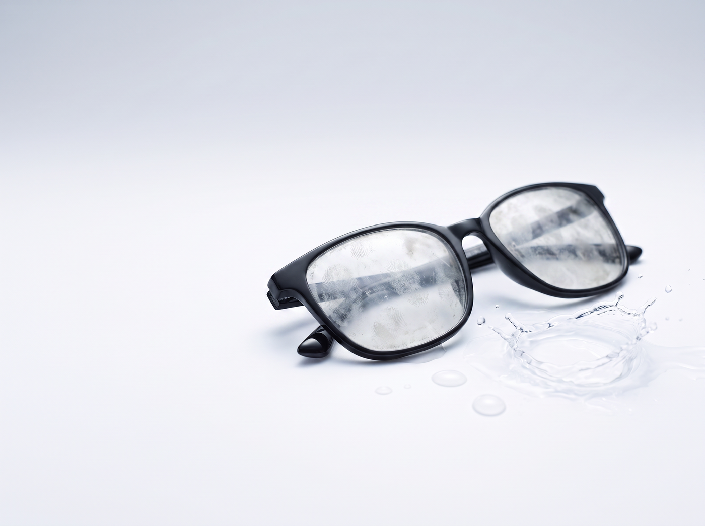 Brille mit verschmierten Gläsern vor der Reinigung