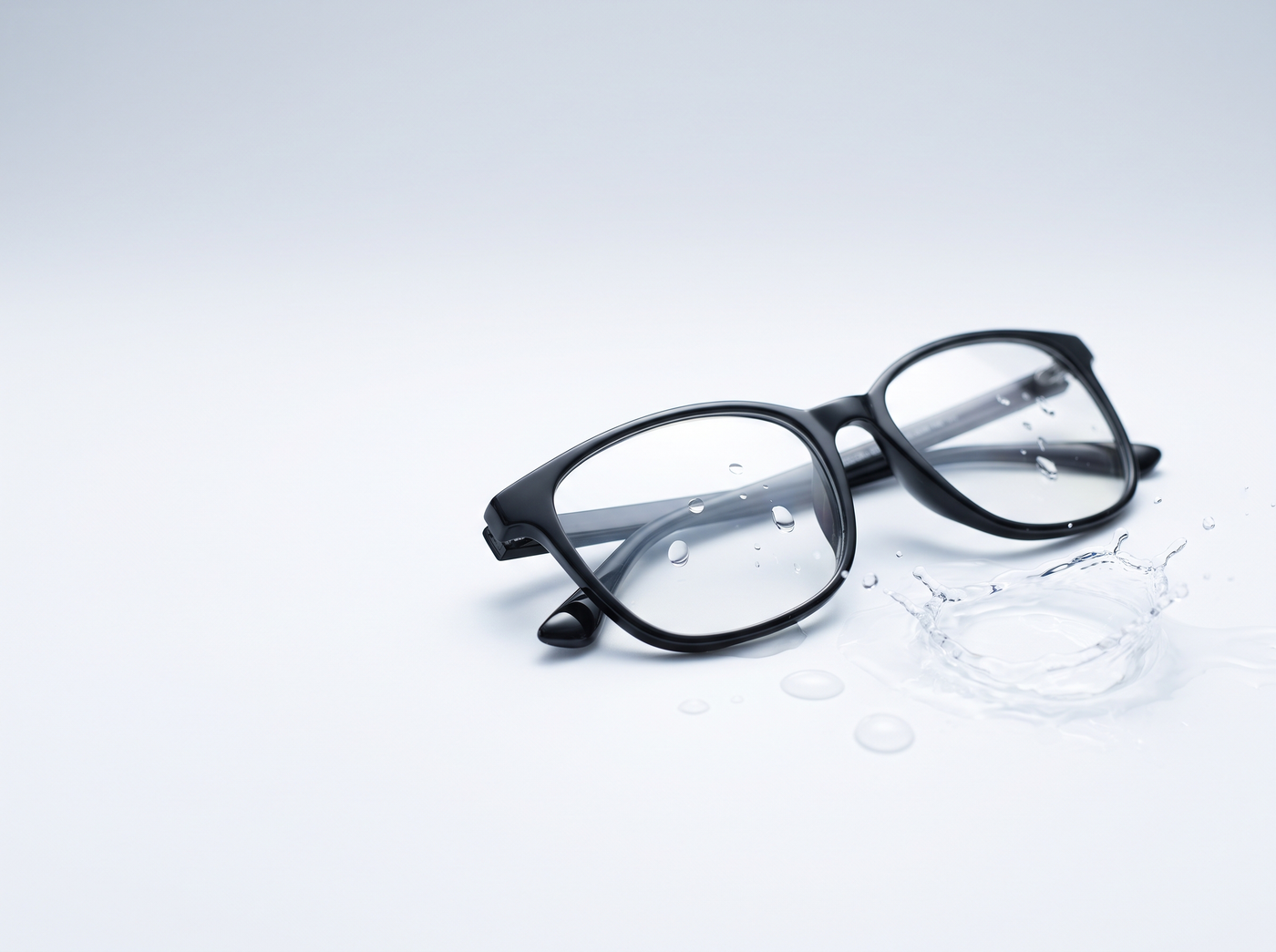 Brille mit klaren Gläsern und Wassertropfen, Brillenreinigung mit EyeAm