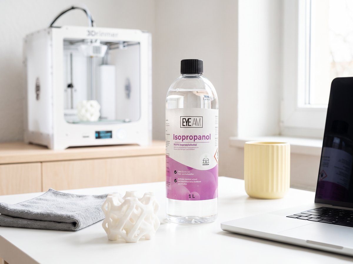 EyeAm Isopropanol 99,9 % am Arbeitsplatz mit 3D-Drucker und Mikrofasertuch