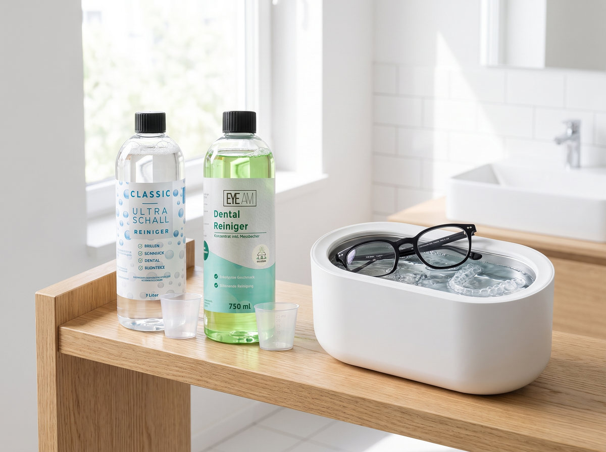 EyeAm Classic und Dental Ultraschallreiniger Konzentrat im Bad, Brille und Zahnschiene im Ultraschallgerät